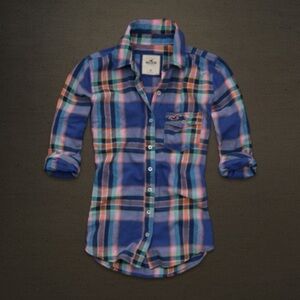 Hollister Co. Bay Shore Blue Orange Plaid Button Down Shirt